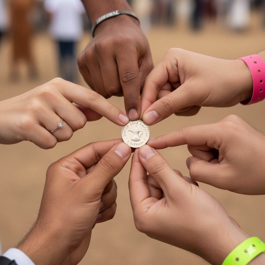 Hands of diverse people holding a One Dirham coin together — symbol of unity and happiness.