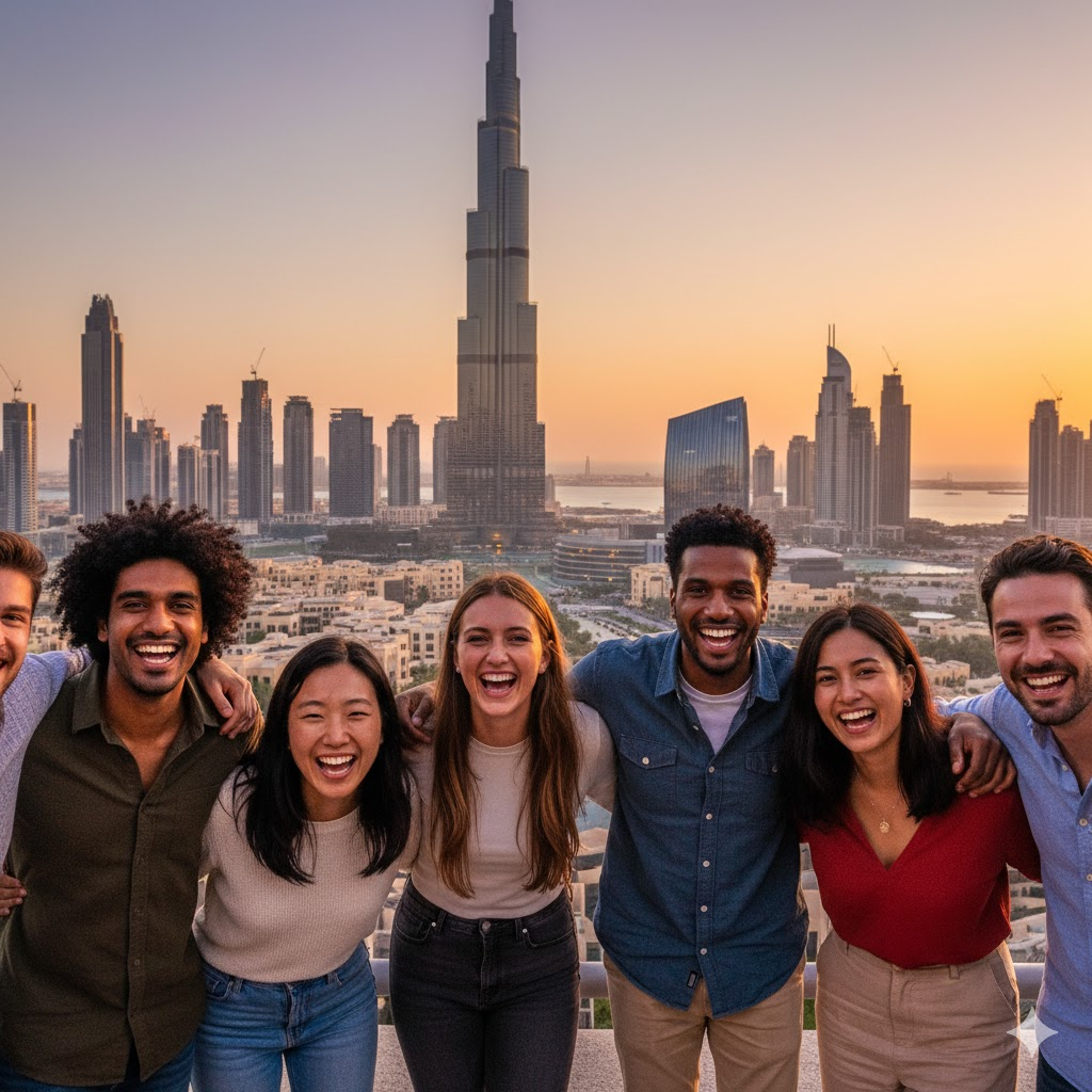 People of different nationalities in Dubai sharing smiles — symbol of unity from 1Dirham.ae.