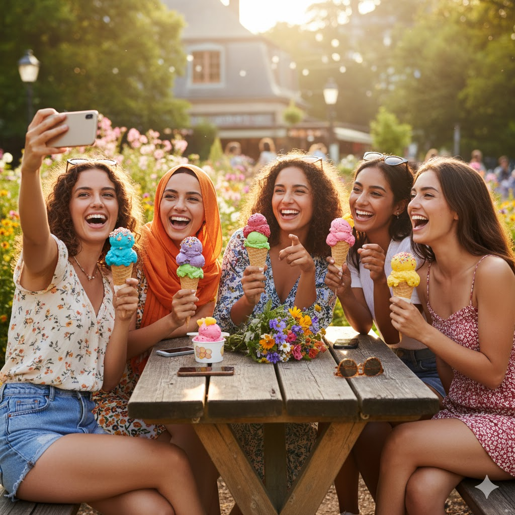 Group of multicultural friends eating ice cream in Dubai, celebrating happiness through 1Dirham movement.